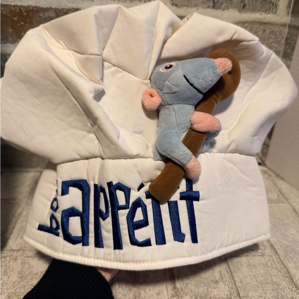 Disney White Chef Hat with Blue 'Appétit' Embroidery and Plush Mouse Accent New